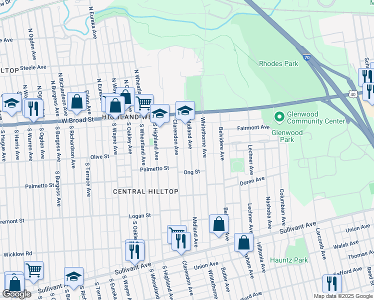 map of restaurants, bars, coffee shops, grocery stores, and more near 79 Midland Avenue in Columbus