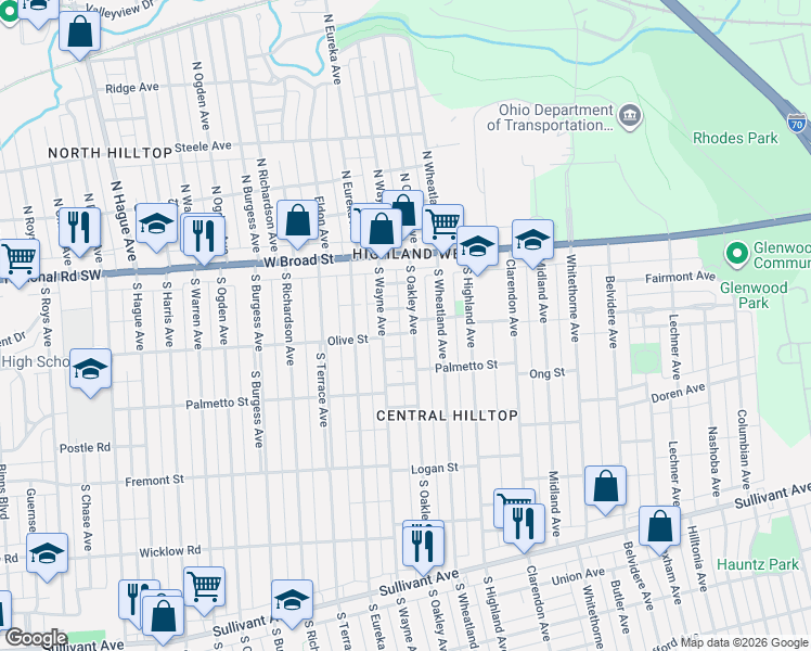map of restaurants, bars, coffee shops, grocery stores, and more near 2386 Louden Avenue in Columbus