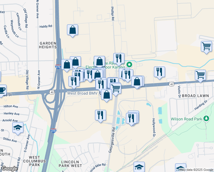 map of restaurants, bars, coffee shops, grocery stores, and more near 4150 National Road Southwest in Columbus
