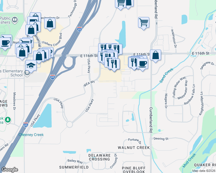 map of restaurants, bars, coffee shops, grocery stores, and more near 11455 IKEA Way in Fishers