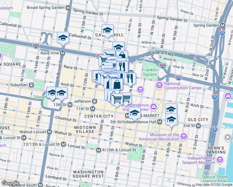 map of restaurants, bars, coffee shops, grocery stores, and more near in Philadelphia