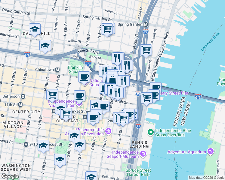 map of restaurants, bars, coffee shops, grocery stores, and more near 312 Race Street in Philadelphia