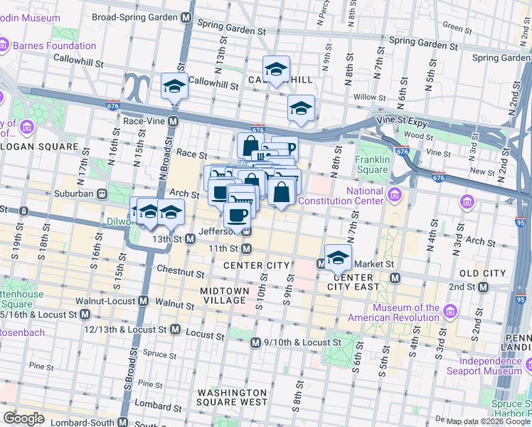 map of restaurants, bars, coffee shops, grocery stores, and more near 1027 Arch Street in Philadelphia