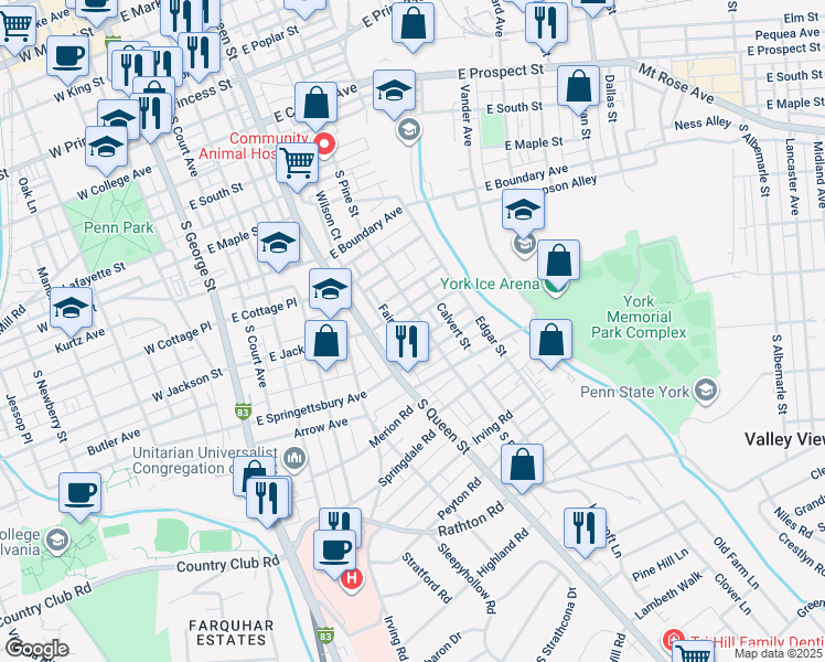 map of restaurants, bars, coffee shops, grocery stores, and more near 822 South Pine Street in York