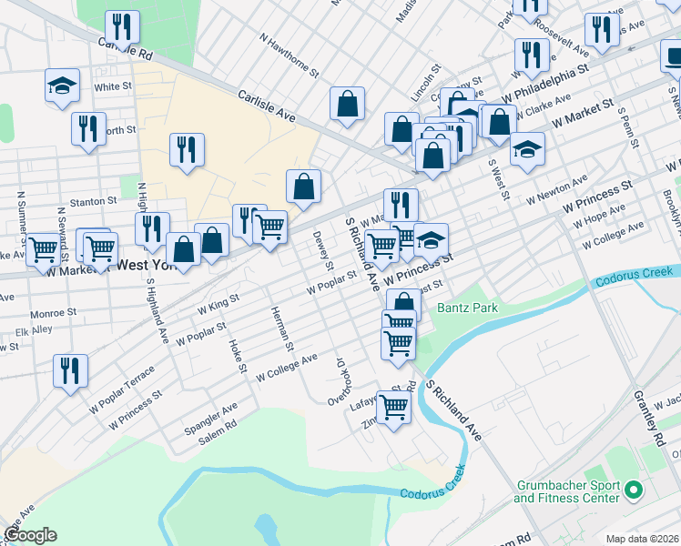 map of restaurants, bars, coffee shops, grocery stores, and more near 1041 West King Street in West York