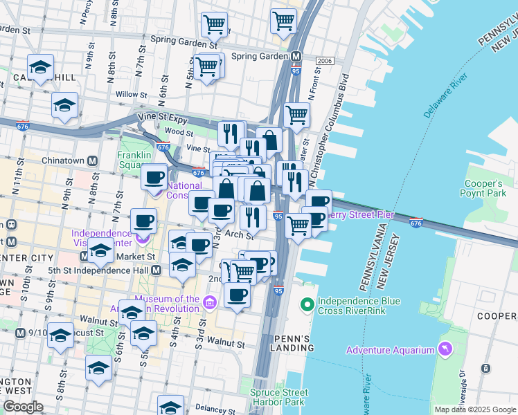 map of restaurants, bars, coffee shops, grocery stores, and more near 151 North 2nd Street in Philadelphia