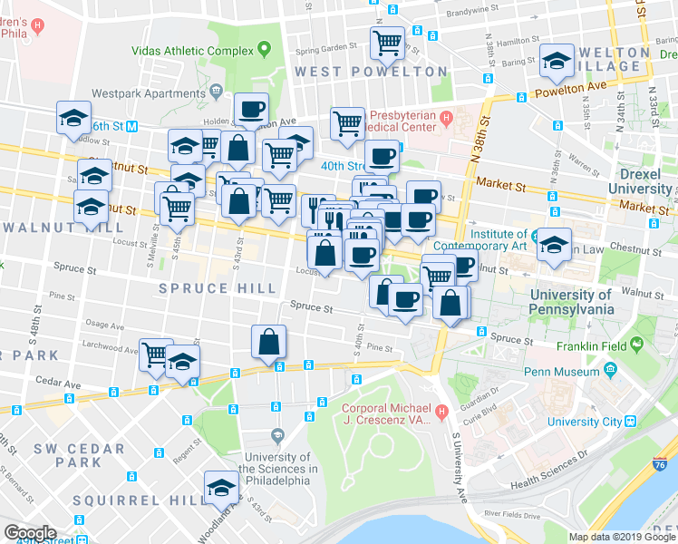 map of restaurants, bars, coffee shops, grocery stores, and more near 4031 Locust Street in Philadelphia