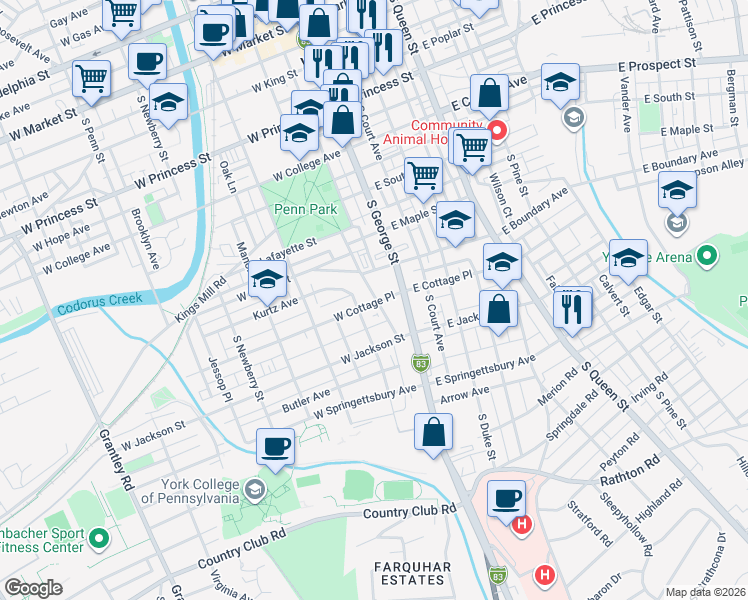 map of restaurants, bars, coffee shops, grocery stores, and more near 608 Cleveland Avenue in York