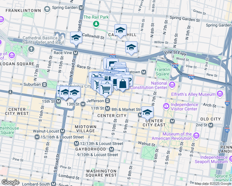 map of restaurants, bars, coffee shops, grocery stores, and more near 1010 Arch Street in Philadelphia