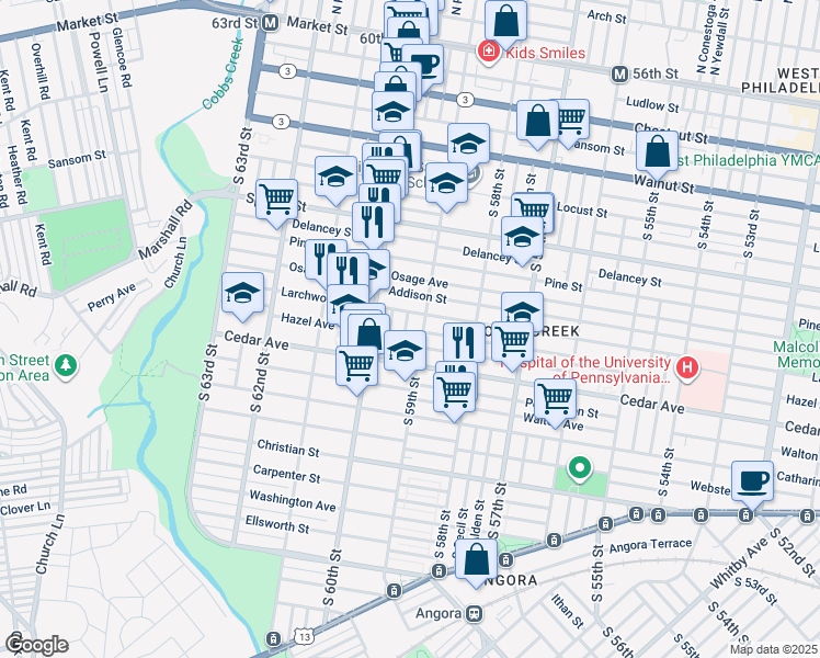 map of restaurants, bars, coffee shops, grocery stores, and more near 521 South Redfield Street in Philadelphia