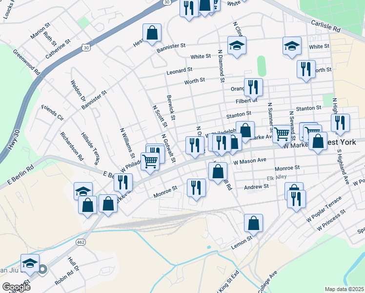 map of restaurants, bars, coffee shops, grocery stores, and more near 2048 West Philadelphia Street in York