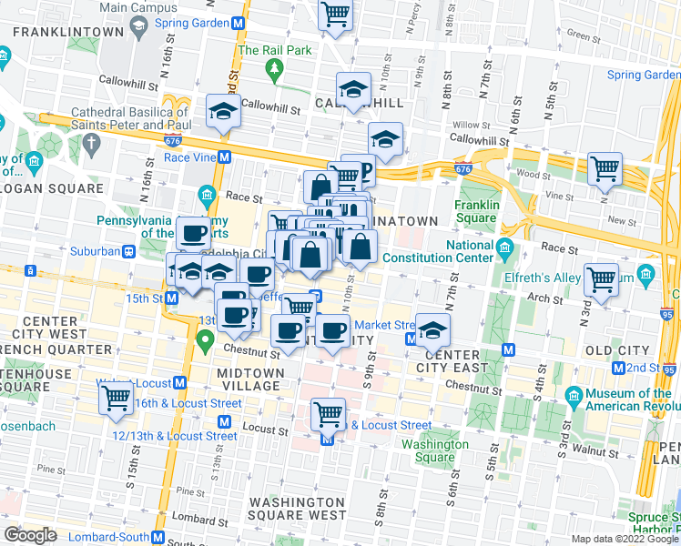 map of restaurants, bars, coffee shops, grocery stores, and more near 1027 Arch Street in Philadelphia