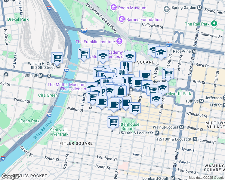 map of restaurants, bars, coffee shops, grocery stores, and more near 2001 Market Street in Philadelphia