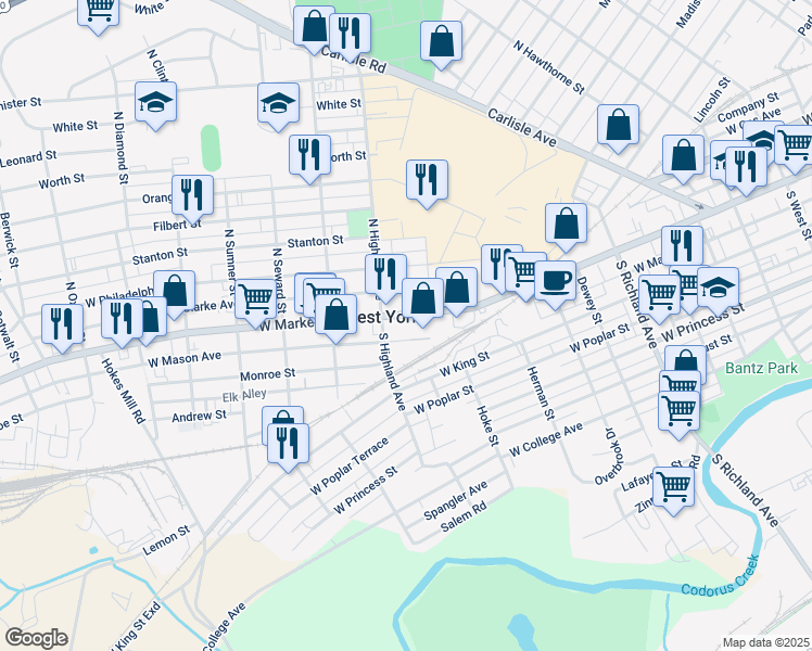 map of restaurants, bars, coffee shops, grocery stores, and more near 1344 West Market Street in York
