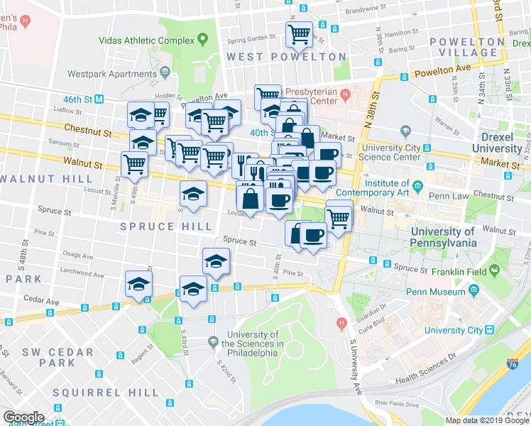 map of restaurants, bars, coffee shops, grocery stores, and more near 4023 Locust Street in Philadelphia