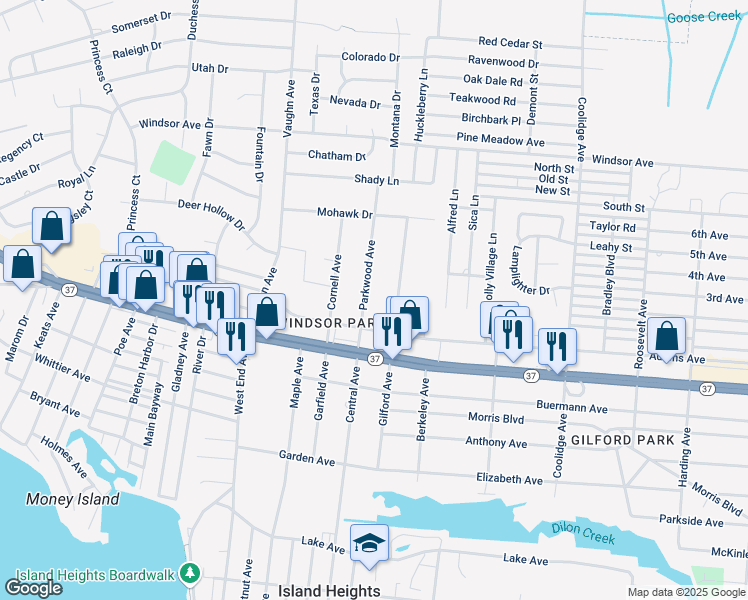 map of restaurants, bars, coffee shops, grocery stores, and more near 531 Parkwood Avenue in Toms River