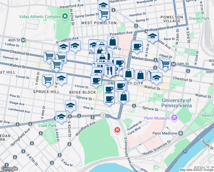 map of restaurants, bars, coffee shops, grocery stores, and more near 3900 Walnut Street in Philadelphia