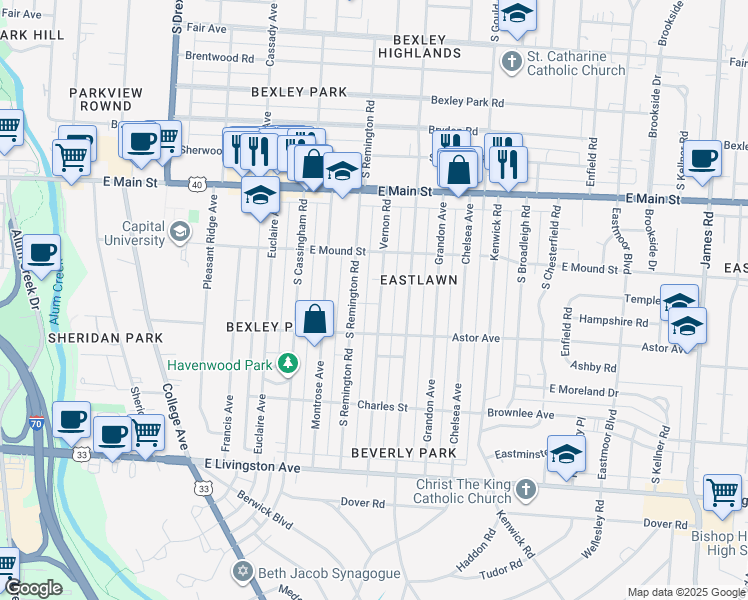 map of restaurants, bars, coffee shops, grocery stores, and more near 765 Vernon Road in Columbus