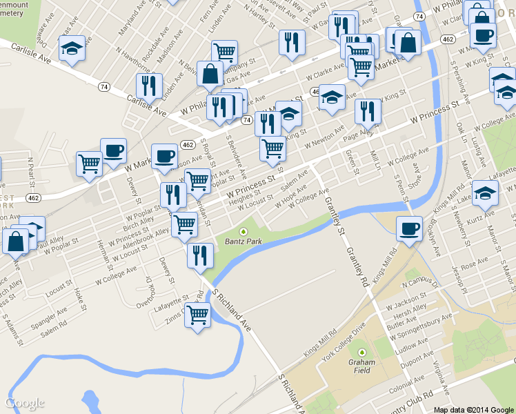 map of restaurants, bars, coffee shops, grocery stores, and more near 265 South Belvidere Avenue in York