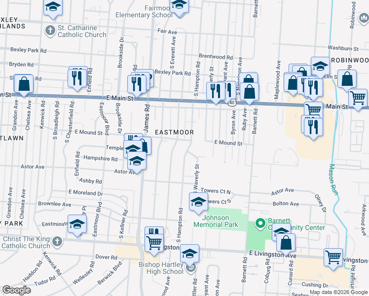 map of restaurants, bars, coffee shops, grocery stores, and more near 864 South Hampton Road in Columbus