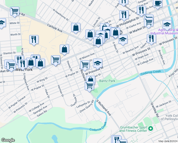 map of restaurants, bars, coffee shops, grocery stores, and more near 919 West Princess Street in York