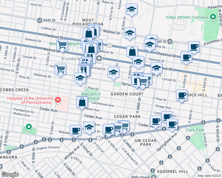 map of restaurants, bars, coffee shops, grocery stores, and more near 5007 Pine Street in Philadelphia