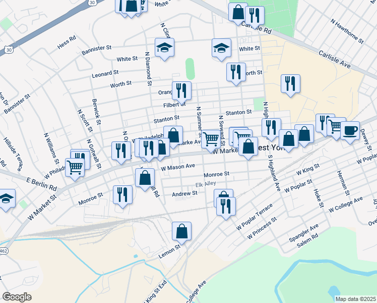 map of restaurants, bars, coffee shops, grocery stores, and more near 1767 West Market Street in West York