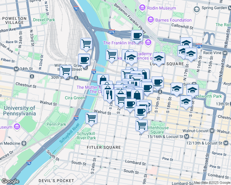 map of restaurants, bars, coffee shops, grocery stores, and more near 23 South 23rd Street in Philadelphia