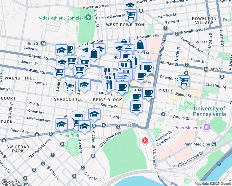 map of restaurants, bars, coffee shops, grocery stores, and more near 4023 Locust Street in Philadelphia