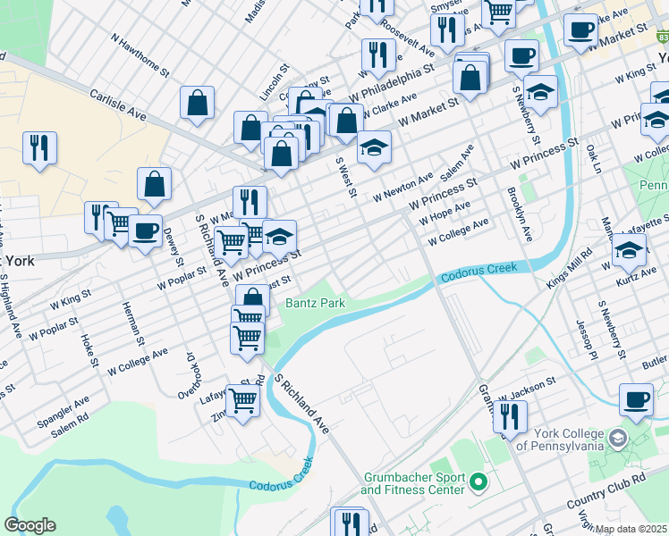 map of restaurants, bars, coffee shops, grocery stores, and more near 265 South Belvidere Avenue in York