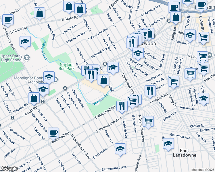 map of restaurants, bars, coffee shops, grocery stores, and more near 338 Beverly Boulevard in Delaware County