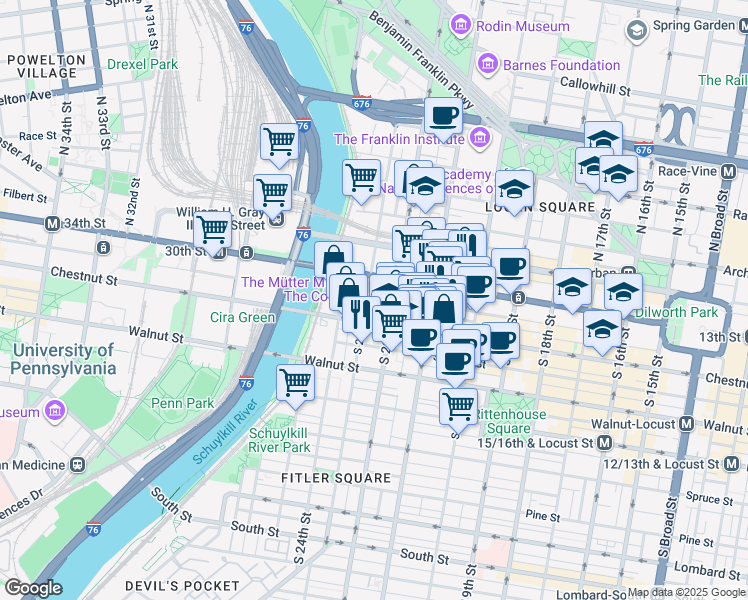 map of restaurants, bars, coffee shops, grocery stores, and more near 2130 Market Street in Philadelphia