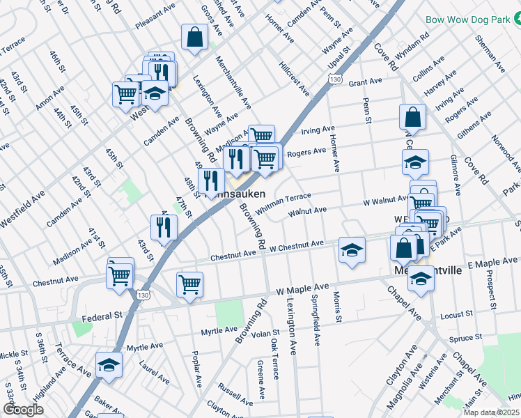 map of restaurants, bars, coffee shops, grocery stores, and more near 5501 Cedar Avenue in Pennsauken Township