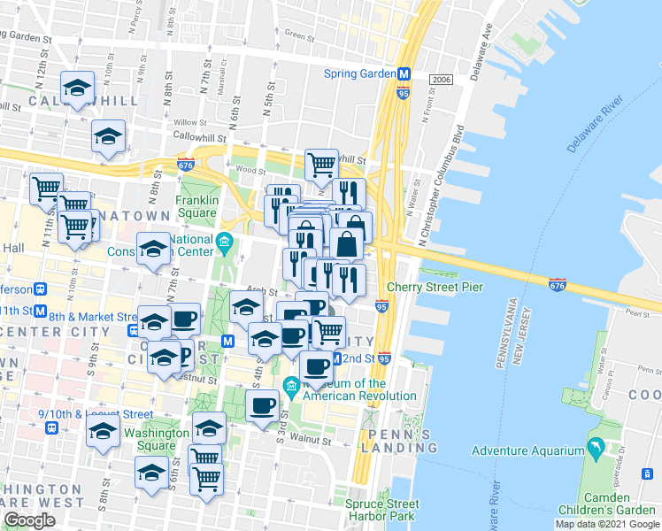 map of restaurants, bars, coffee shops, grocery stores, and more near Quarry Street & North Bread Street in Philadelphia