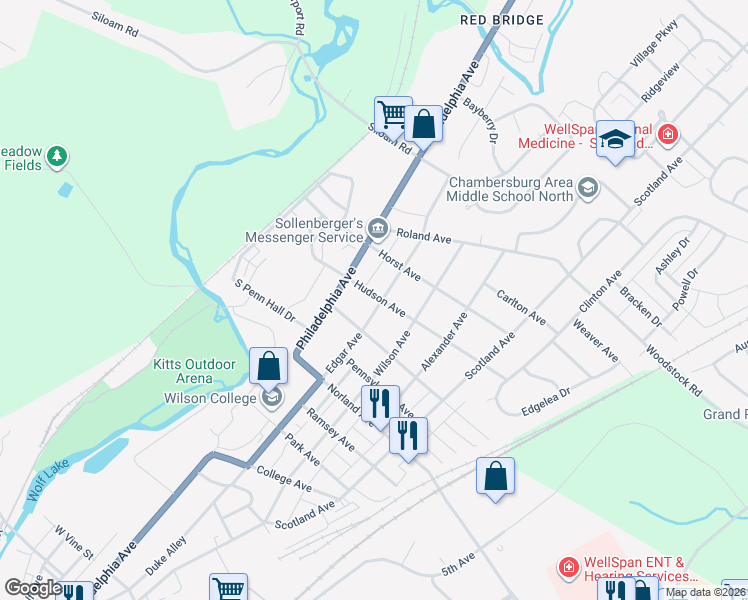 map of restaurants, bars, coffee shops, grocery stores, and more near 1640 Edgar Avenue in Chambersburg