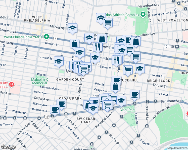 map of restaurants, bars, coffee shops, grocery stores, and more near Spruce Street & South 47th Street in Philadelphia