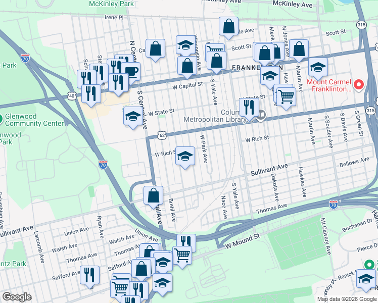 map of restaurants, bars, coffee shops, grocery stores, and more near 233 South Princeton Avenue in Columbus
