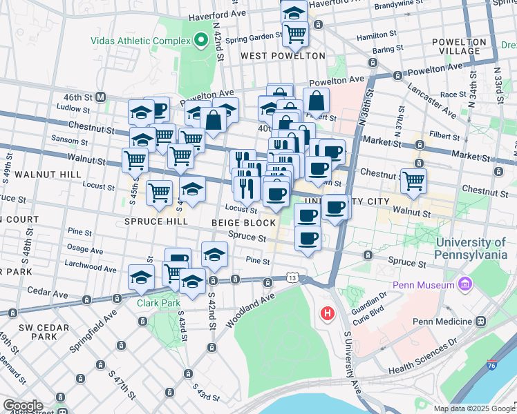 map of restaurants, bars, coffee shops, grocery stores, and more near 4031 Locust Street in Philadelphia