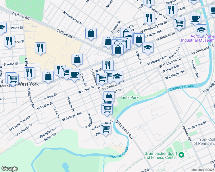 map of restaurants, bars, coffee shops, grocery stores, and more near 915 West Poplar Street in York