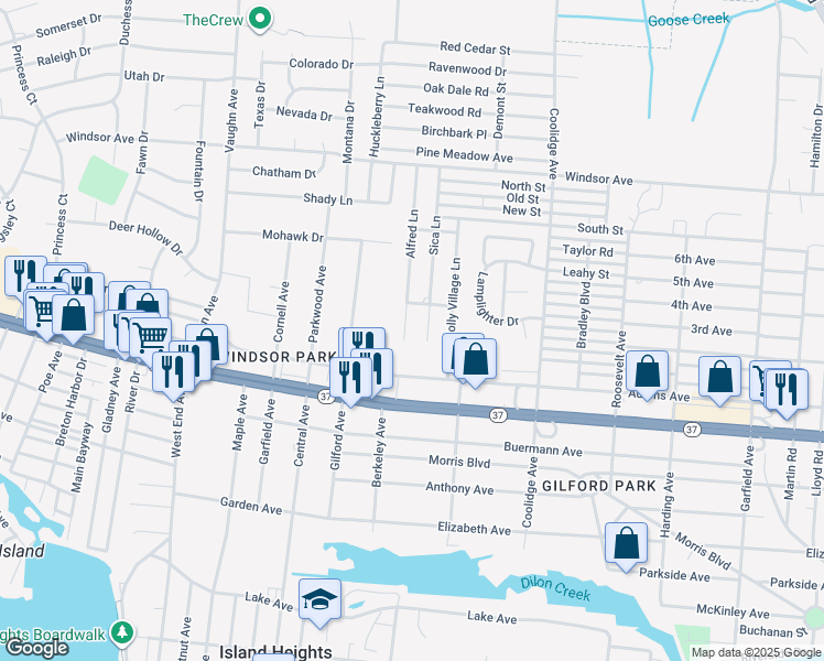 map of restaurants, bars, coffee shops, grocery stores, and more near 529 Alfred Lane in Toms River