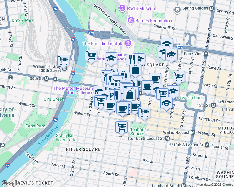 map of restaurants, bars, coffee shops, grocery stores, and more near 2040 Market Street in Philadelphia