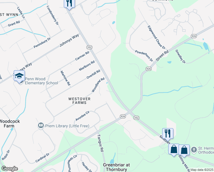 map of restaurants, bars, coffee shops, grocery stores, and more near 1104 South Chester Road in West Chester
