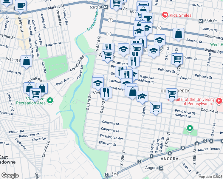 map of restaurants, bars, coffee shops, grocery stores, and more near 6128 Hazel Avenue in Philadelphia