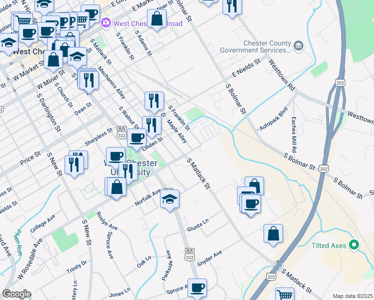 map of restaurants, bars, coffee shops, grocery stores, and more near 737 South Matlack Street in West Chester