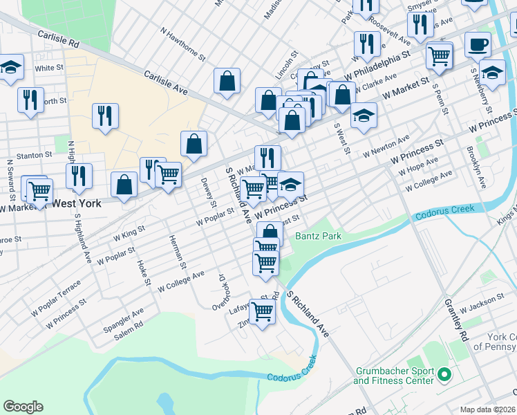 map of restaurants, bars, coffee shops, grocery stores, and more near 915 West Poplar Street in York