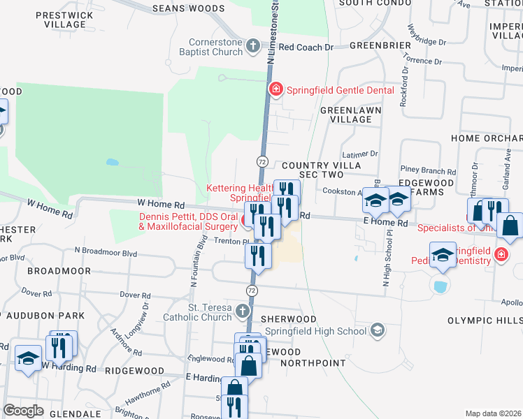 map of restaurants, bars, coffee shops, grocery stores, and more near 2346 North Limestone Street in Springfield