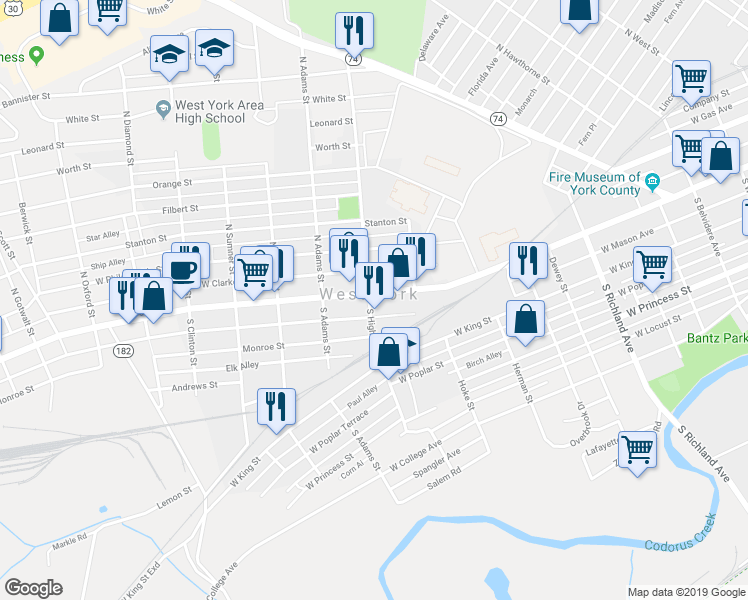 map of restaurants, bars, coffee shops, grocery stores, and more near 1366 West Market Street in York