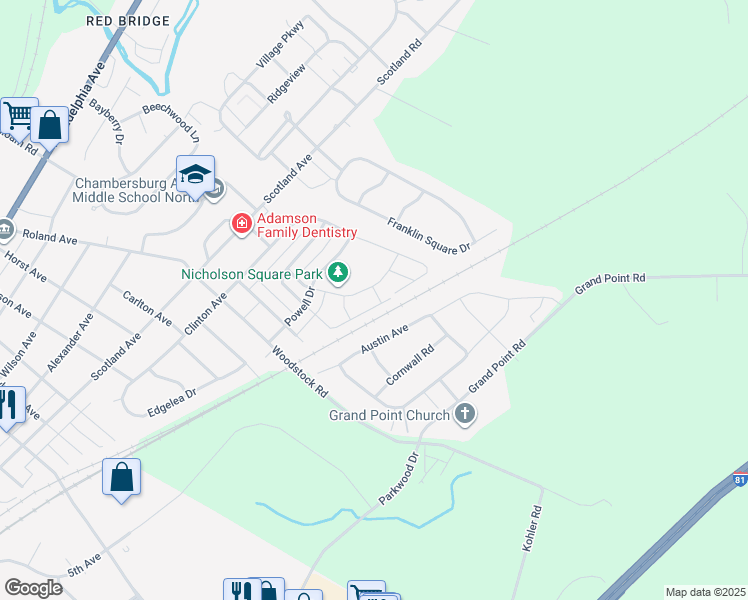 map of restaurants, bars, coffee shops, grocery stores, and more near 751 Bassett Drive in Chambersburg