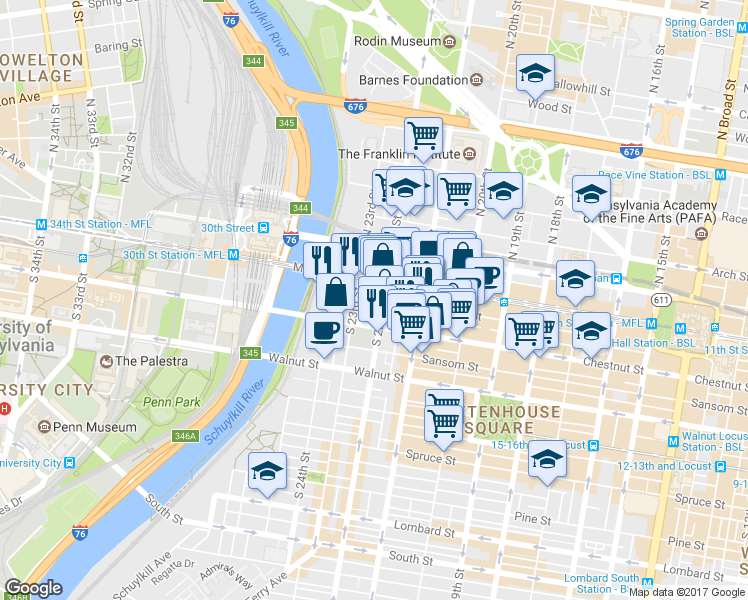 map of restaurants, bars, coffee shops, grocery stores, and more near 2130 Market Street in Philadelphia