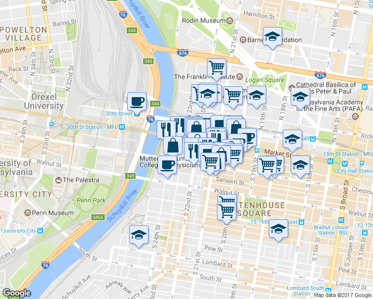 map of restaurants, bars, coffee shops, grocery stores, and more near 2130 Market Street in Philadelphia